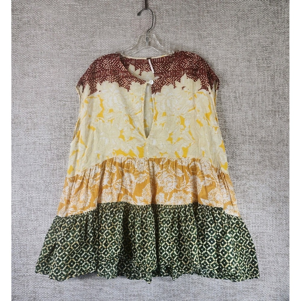 Free People Tunic Top Womens M Yellow Green Floral Tiered Sleeveless Boho